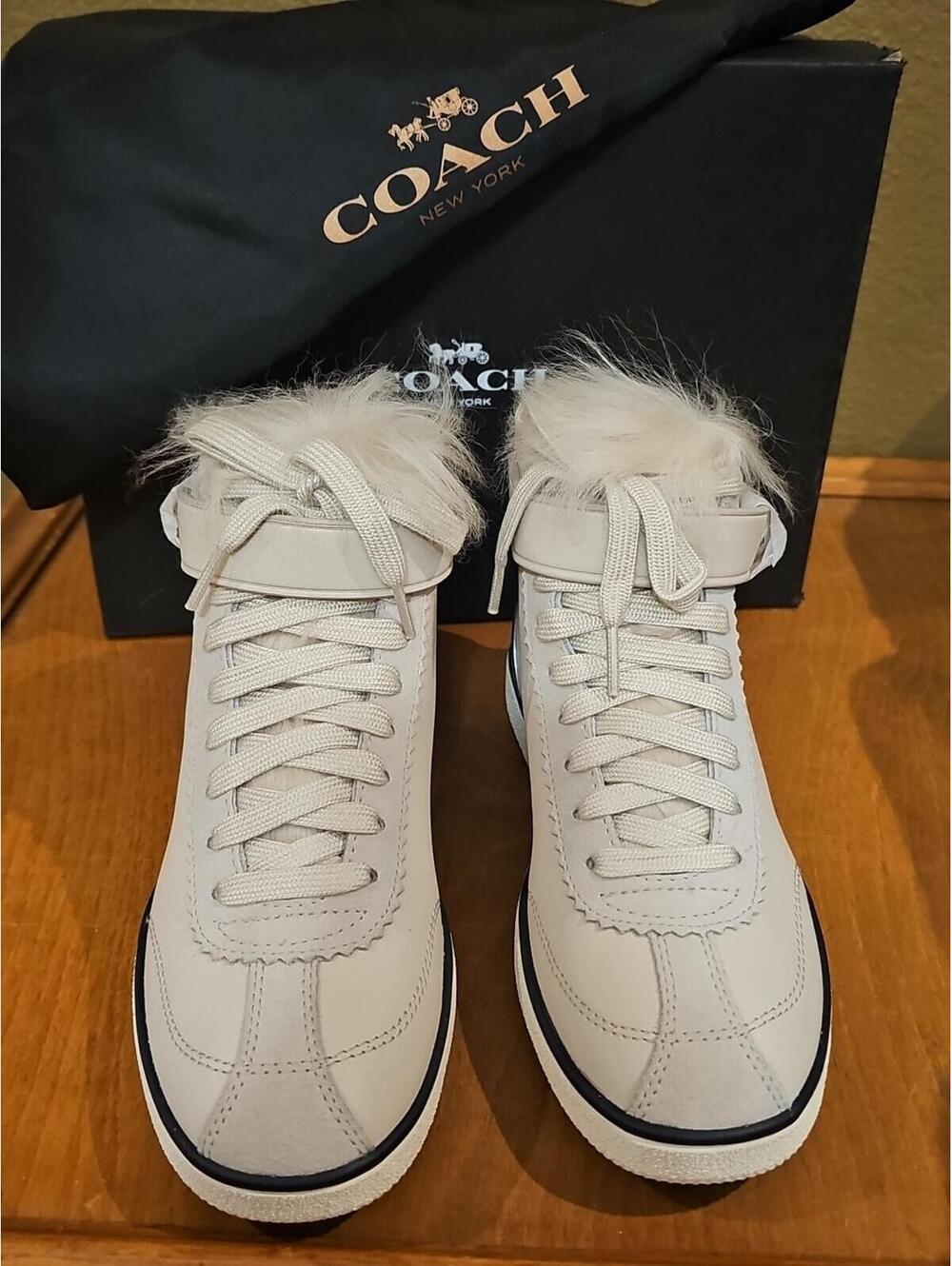 COACH Shearling Nappa Leather Lace Up Hightop Sneakers Shoes Women's Sz 5 NEW - Picture 2 of 14